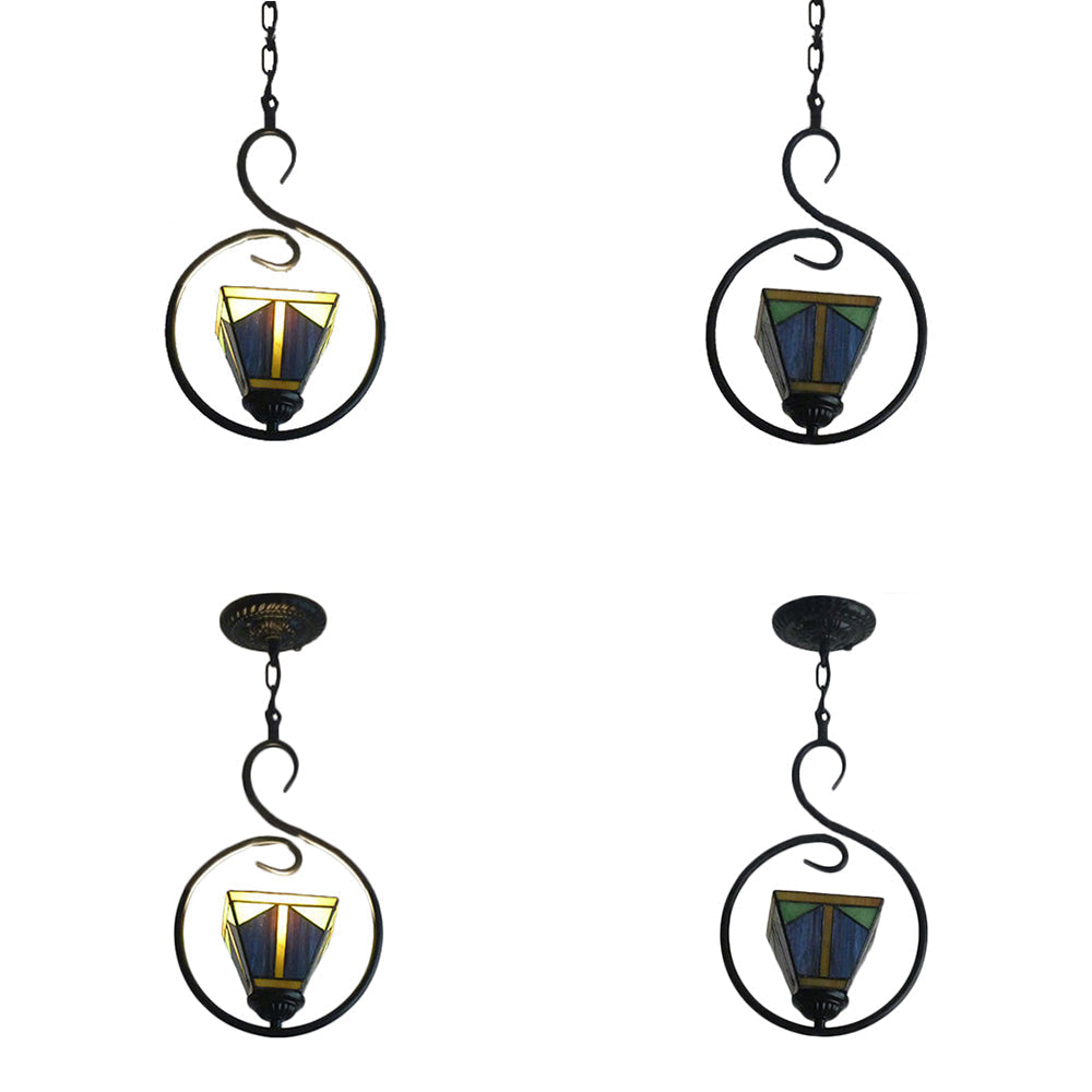 Blue Tiffany Style Stained Glass Pyramid Pendant Light With Stainless Steel Suspension - 1-Light
