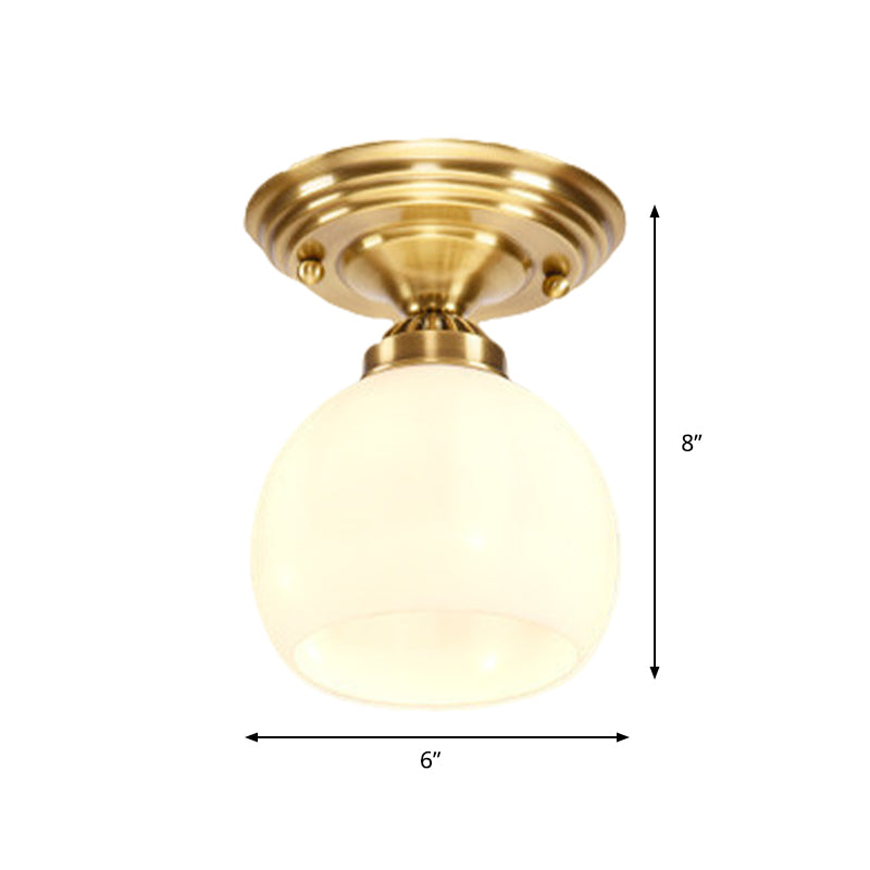 Classic 1-Light Glass Flush Mount Lamp In Brass - Globe/Cone Design For Corridor Ceiling Lighting