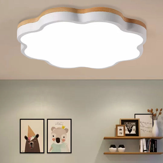Wooden Ceiling Light With Floral Shade - Flush Mount For Kids Bedroom White / 16 Natural
