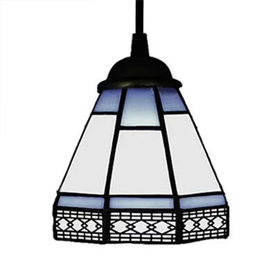 Tiffany-Style Stained Glass Conical Drop Lamp: Beige/Green/Blue Pendant Light For Living Room