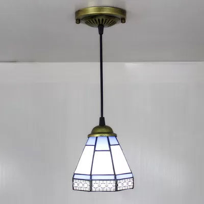 Tiffany-Style Stained Glass Conical Drop Lamp: Beige/Green/Blue Pendant Light For Living Room
