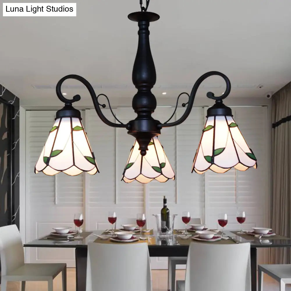 Adjustable Stained Glass Cone Chandelier With Traditional Pendant Light - 3 Lights And Rhombus/Leaf