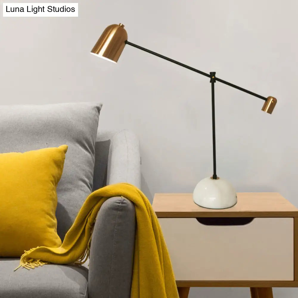 Algedi - Designer White-Brass Study Desk Lamp: Bell Metal Shade Balanced Arm, White