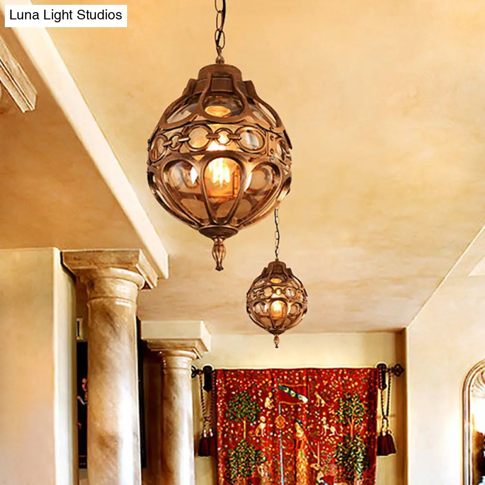 Amber Glass Hanging Pendant Light For Outdoor Balcony - Loft Sphere Design (1 7’/9’ W) In