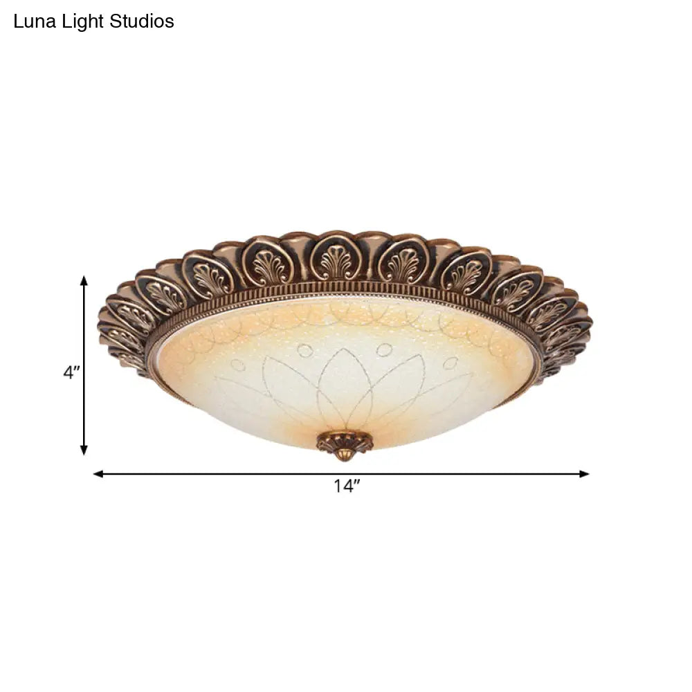 Antique Leaf - Trimmed Gold Led Flush Ceiling Light With Frosted Glass Dome - Flushmount Lighting