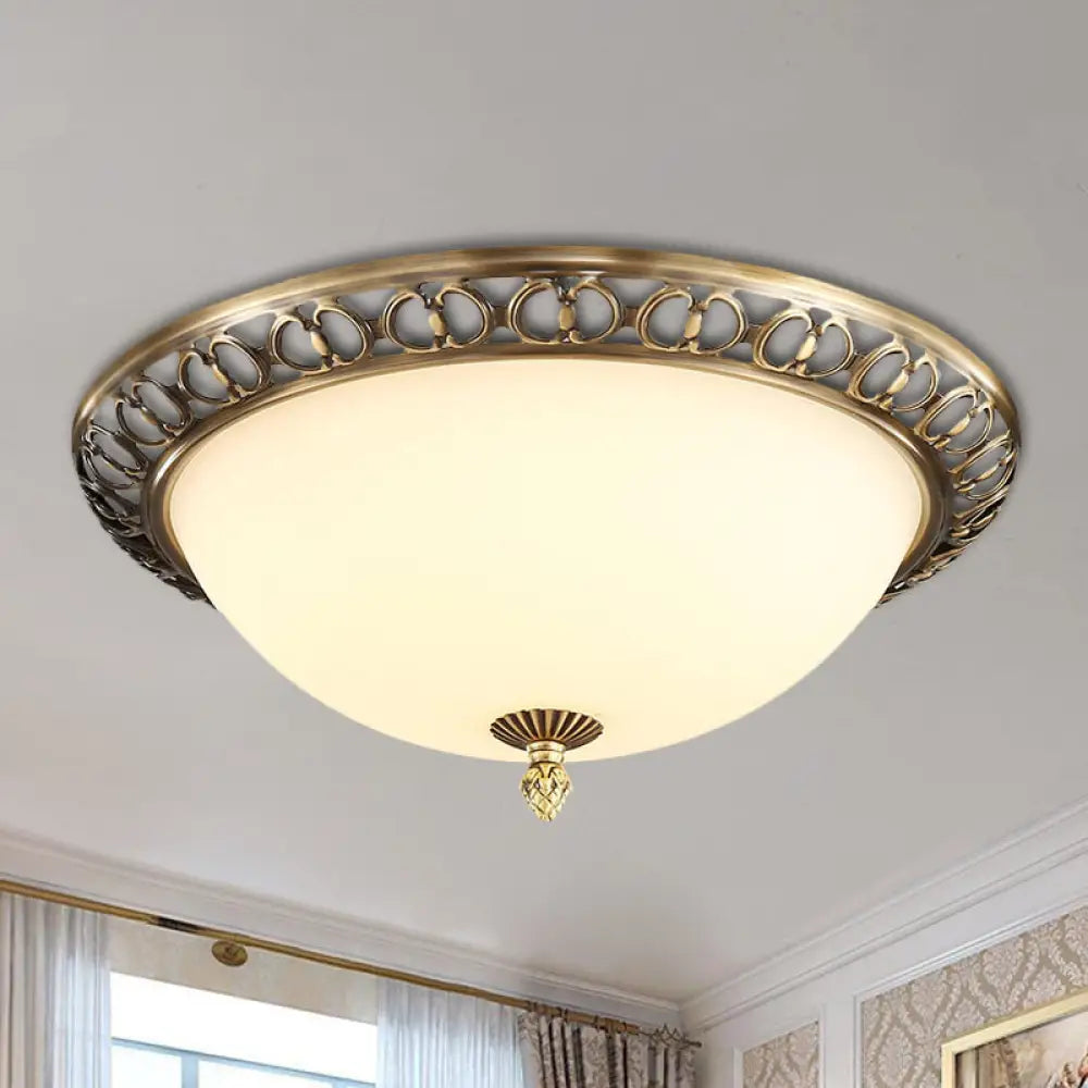 Antique Style Brass Finish 2 - Head Ceiling Mount Light With Frosted Glass Dome -