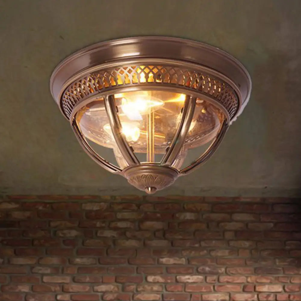 Antiqued Brass/Brown Semi Flush Lamp - Clear Glass 1 - Light Mount With Pierced Trim Design Brass