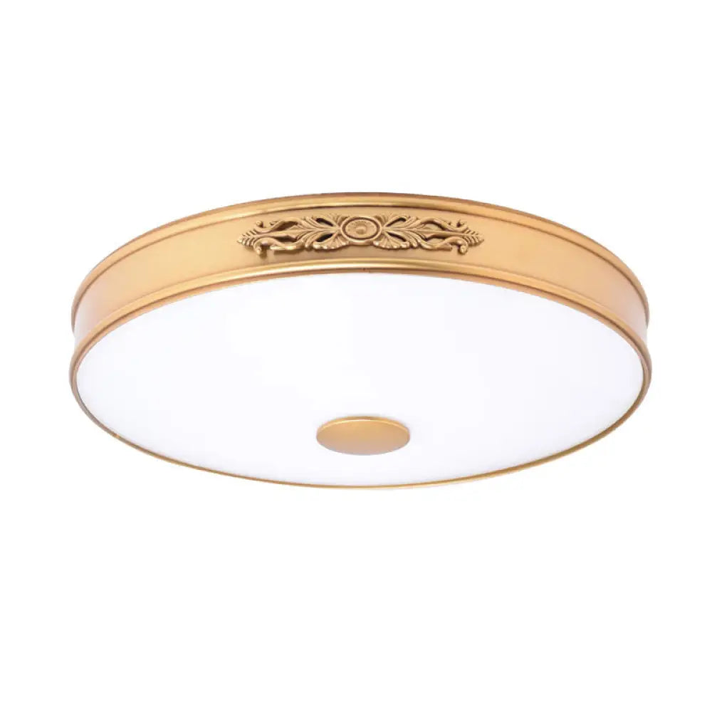 Antiqued Cream Glass Round Flush Mount Led Ceiling Lamp Fixture Gold For Bedroom