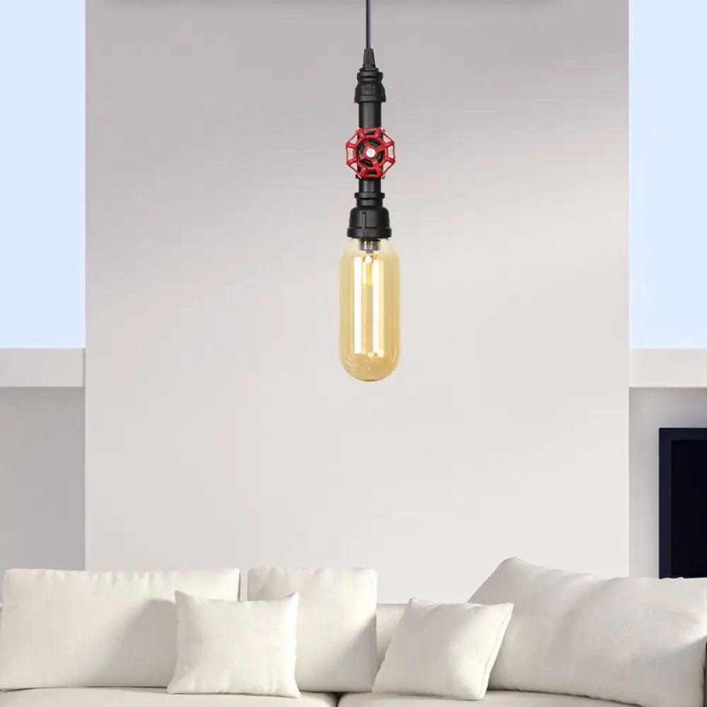 Antiqued Pipe Metal Led Ceiling Light With Amber Glass Shade - Black / 3’