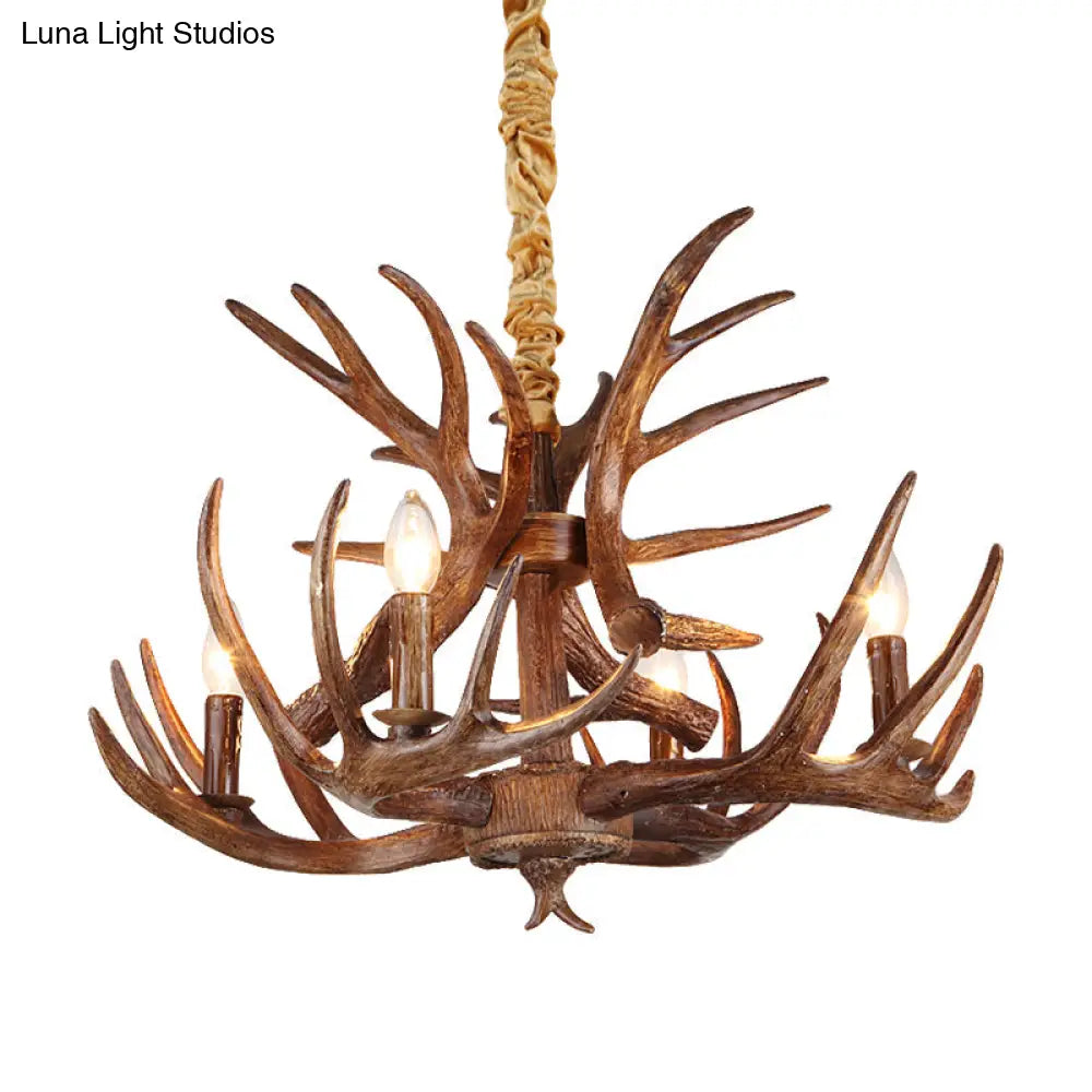Antler Resin Chandelier: Traditional Candle Shape Hanging Lamp With 4/6/9 Bulbs In Coffee