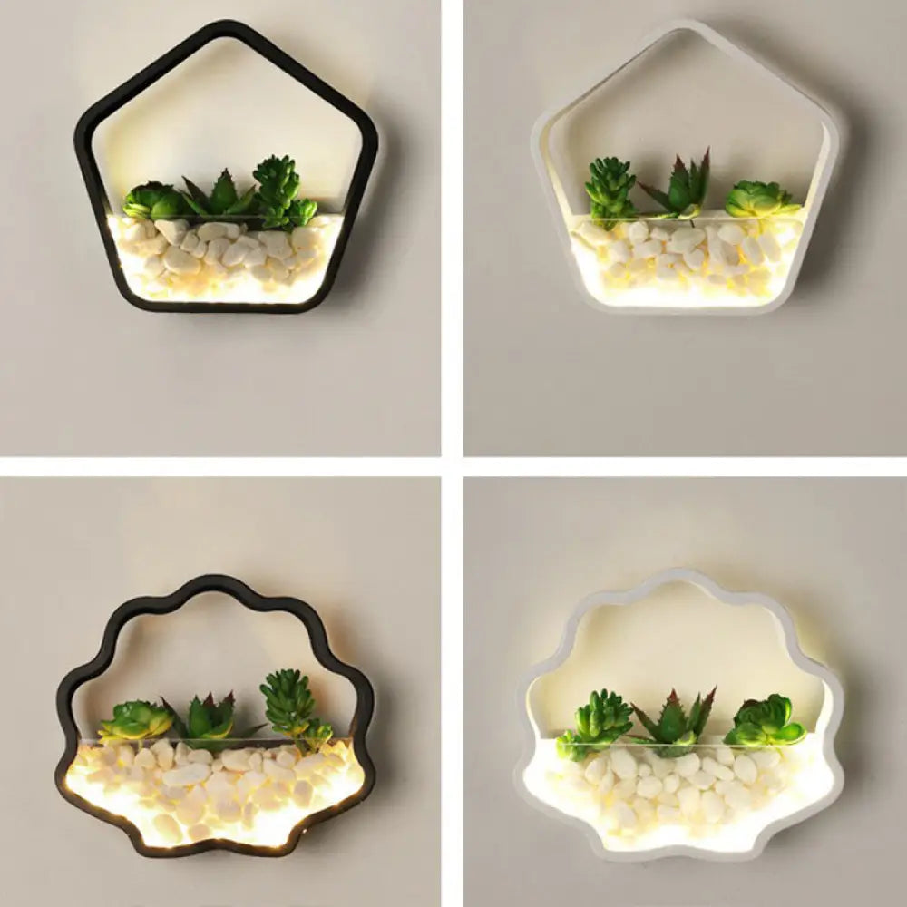 Art Deco Metal Halo Led Sconce Light - Wall Mounted With Cobblestone And Imitation Plant Black /