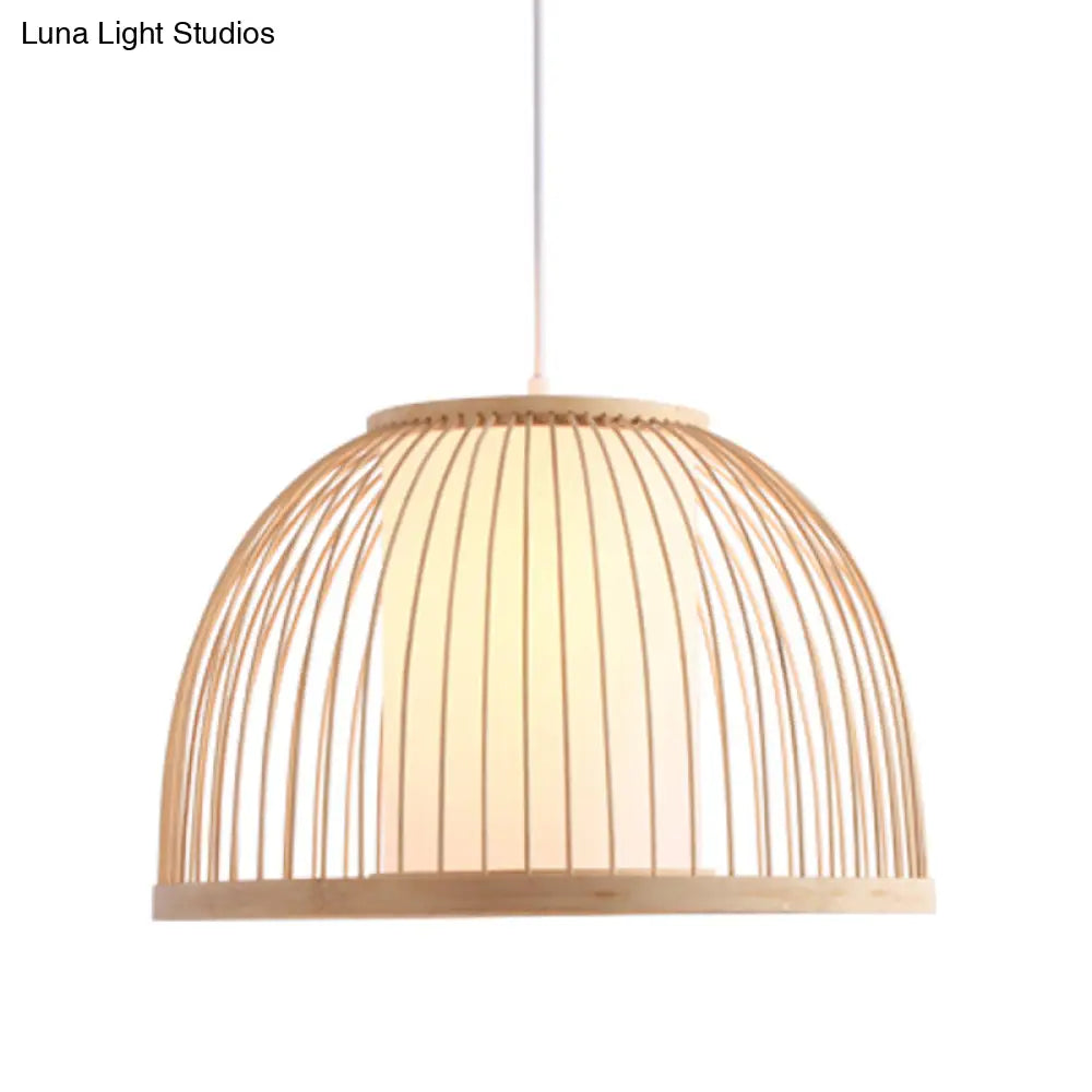 Asian Bamboo Domed Pendant Light - Wood Suspended Lighting Fixture With 1 Bulb 14/16 Wide