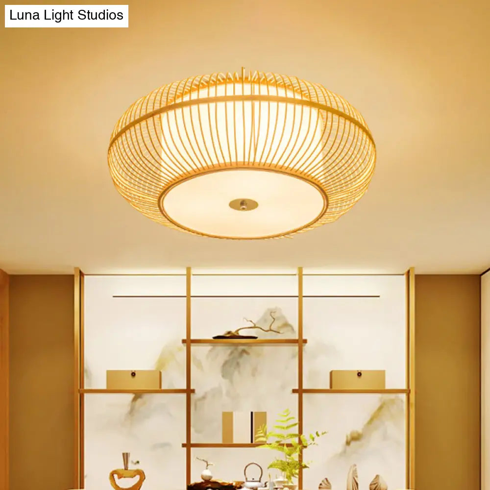 Asian Beige Ceiling Mounted Flush Light With Bamboo Shade - 1 Head Bedroom Fixture