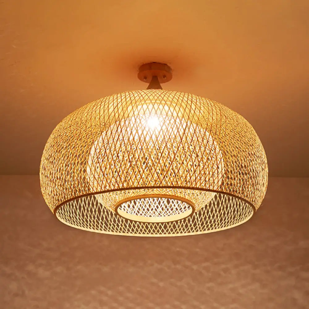 Bamboo Criss-Cross Ceiling Lamp: Asian Wood Flush Mount Light For Bedroom / Small Dome