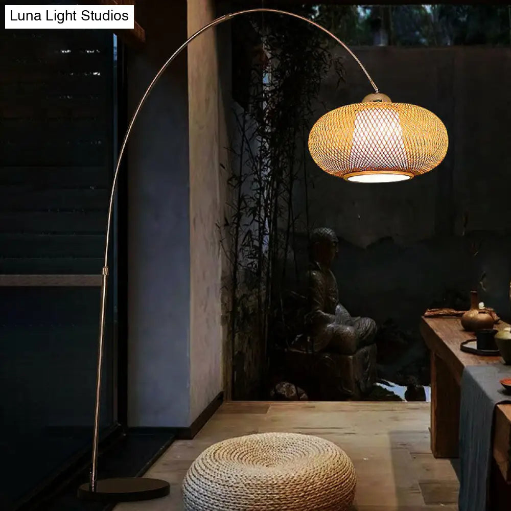 Bamboo Lantern Tea Room Floor Lamp With Minimalist Design And Wood Fishing Rod Arm