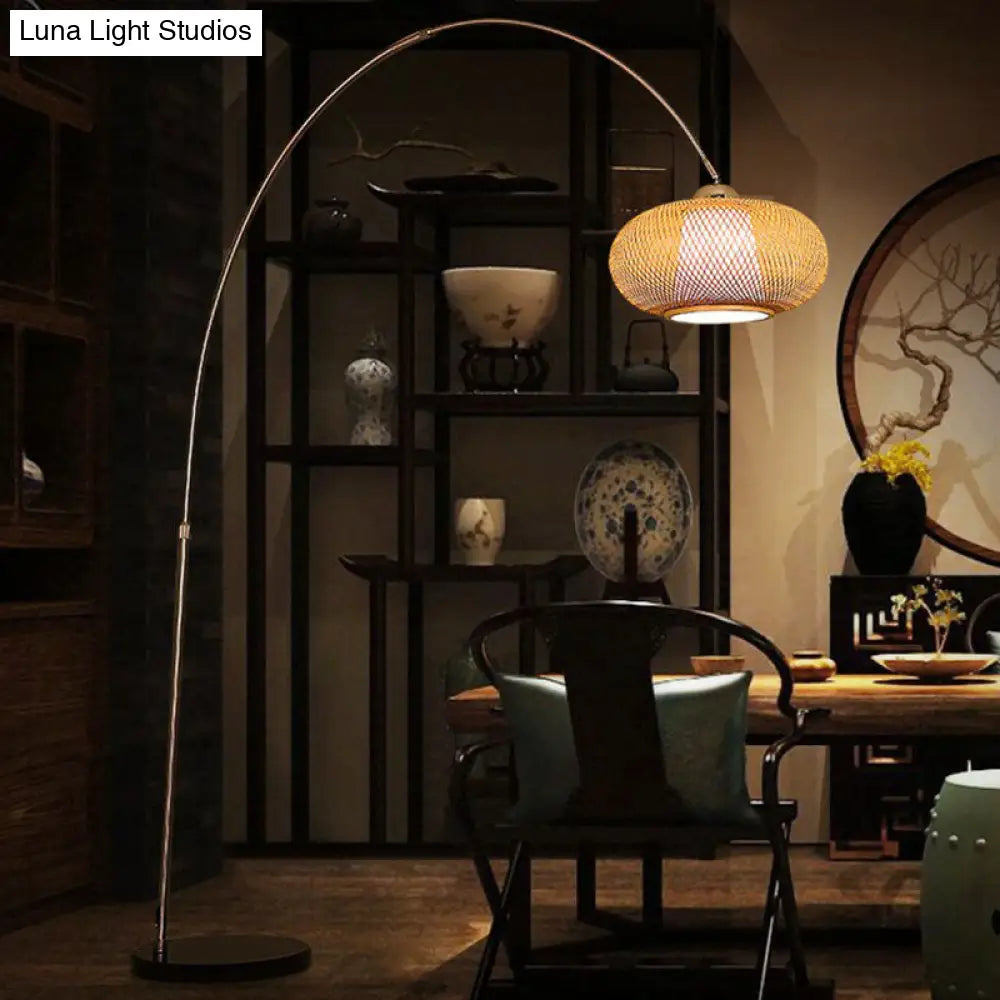 Bamboo Lantern Tea Room Floor Lamp With Minimalist Design And Wood Fishing Rod Arm