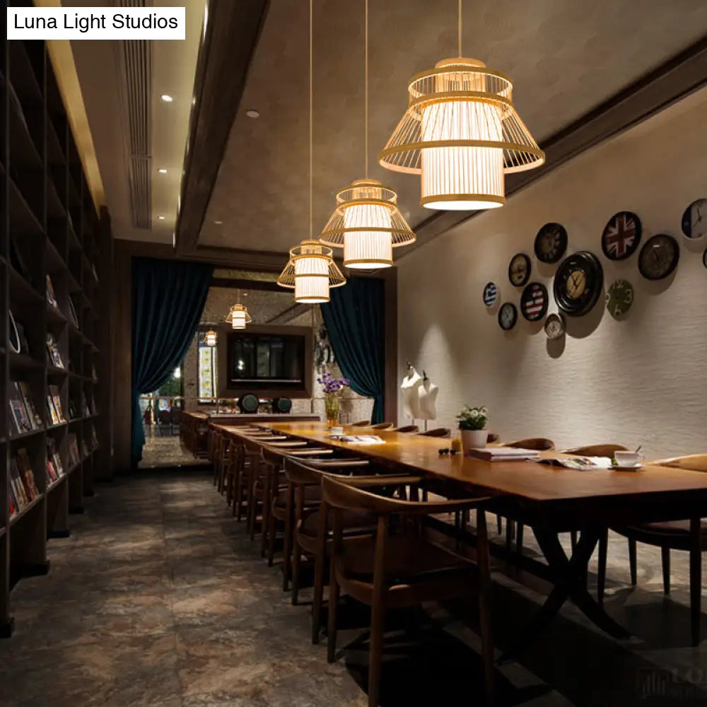 Bamboo Minimalist Pendant Ceiling Light With Tiered Suspension - Ideal For Restaurants (1-Head Wood