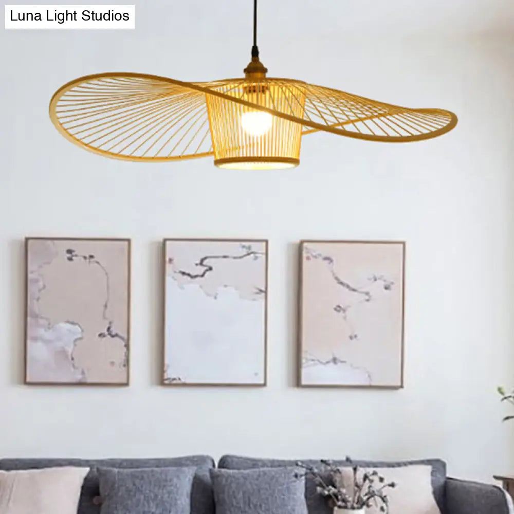 Bamboo Weaving Drum Shade Hanging Light With Fishermans Hat Design - Perfect For Dining Room