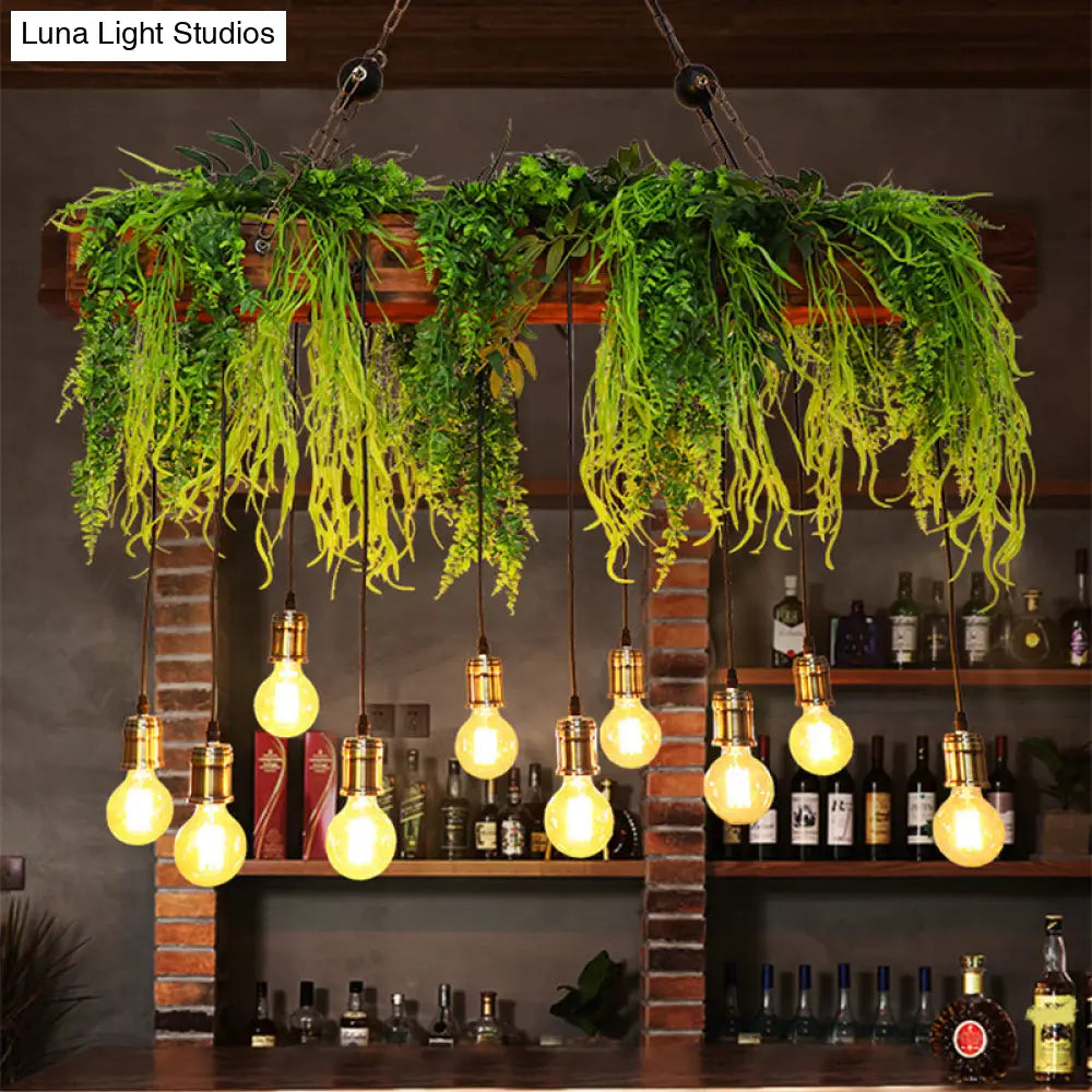 Bare Bulb Industrial Hanging Light With Faux Green Fern Deco - Set Of 10 Bulbs