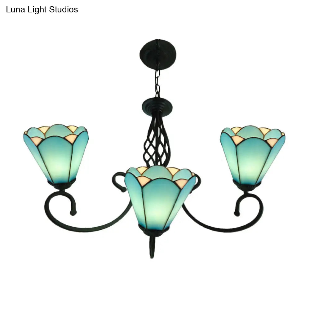 Baroque Black Cone Chandelier With 5/6/8 White/Blue Glass Drop Lights For Living Room