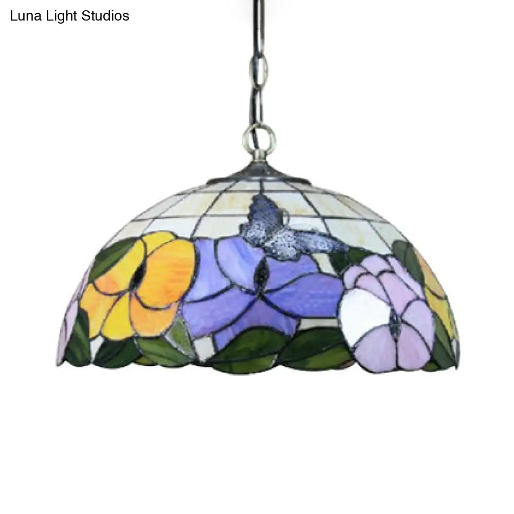 Baroque Butterfly Suspension Lamp - 1-Head Yellow/Purple Stained Glass Ceiling Light 12’/16’ Wide