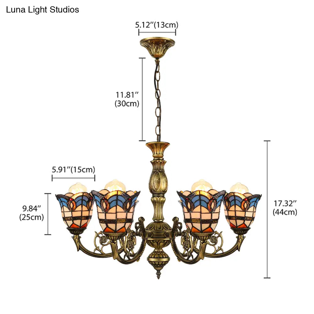 Baroque Peacock Tail Chandelier With 6 Vintage Stained Glass Pendants In Antique Bronze