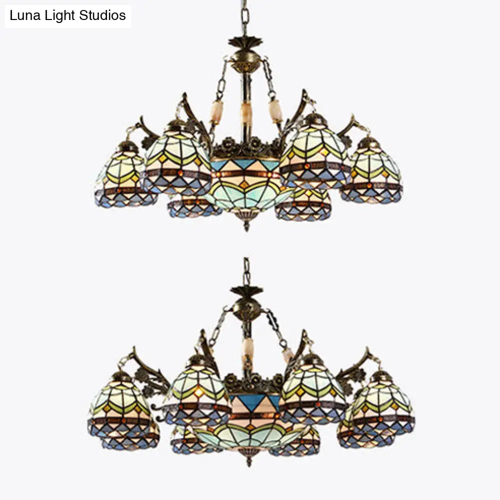 Baroque Stained Glass Pendant Light Chandelier - 9/11 Lights Blue Bedroom Fixture