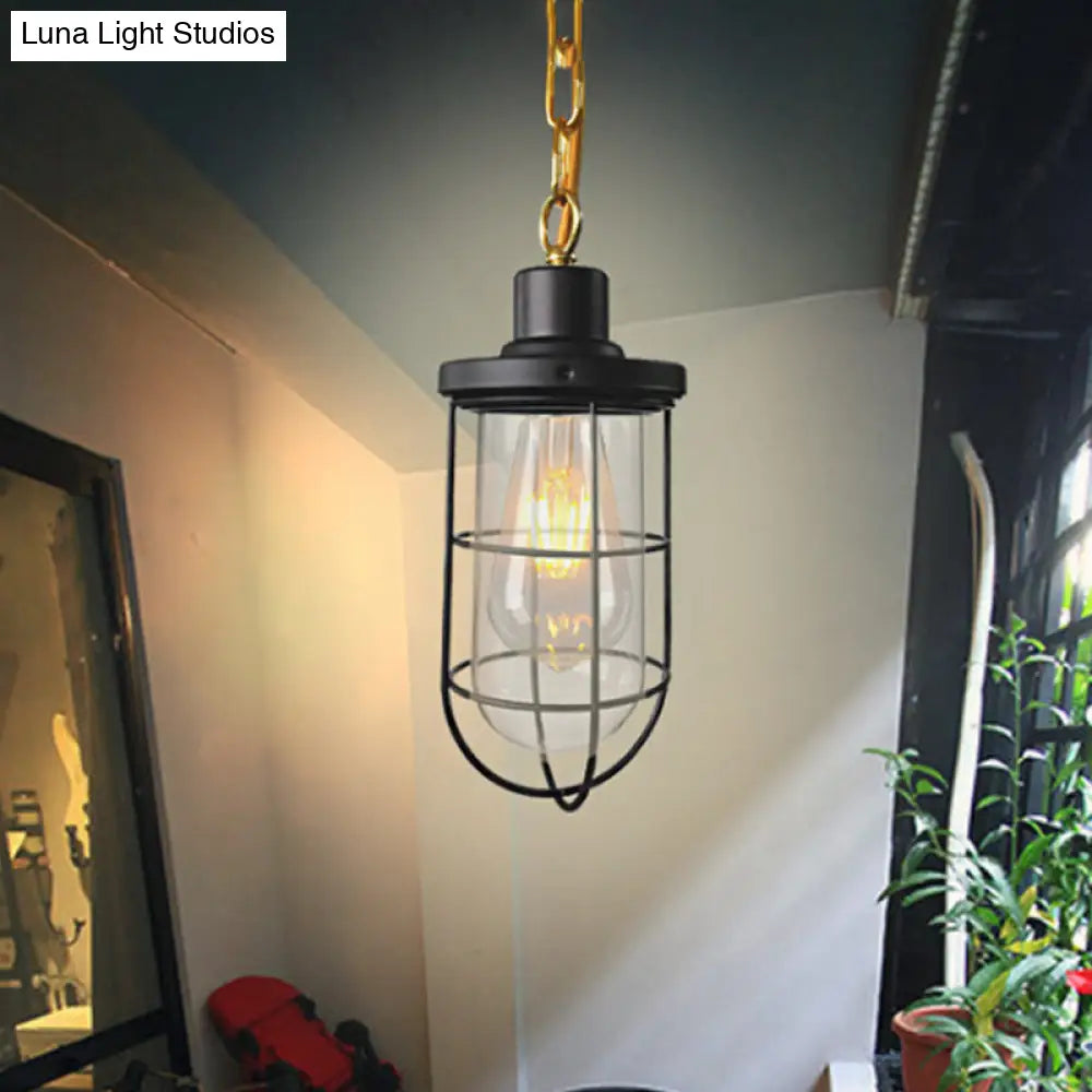 Black Coastal Caged Pendant Lamp Single-Bulb Clear Glass Light Fixture For Bedroom