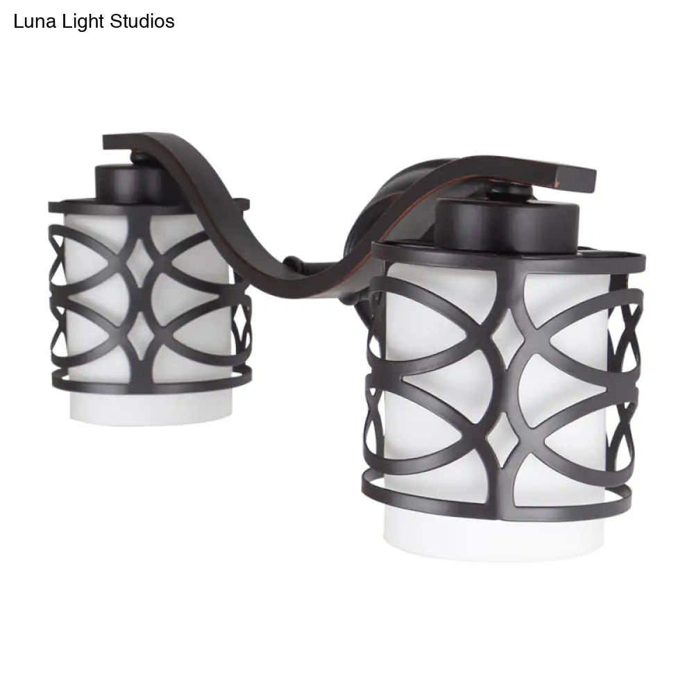 Black Hollowed Frame Milky Glass Vanity Light For Shower/Bath With 2-Blubs - Classic Style