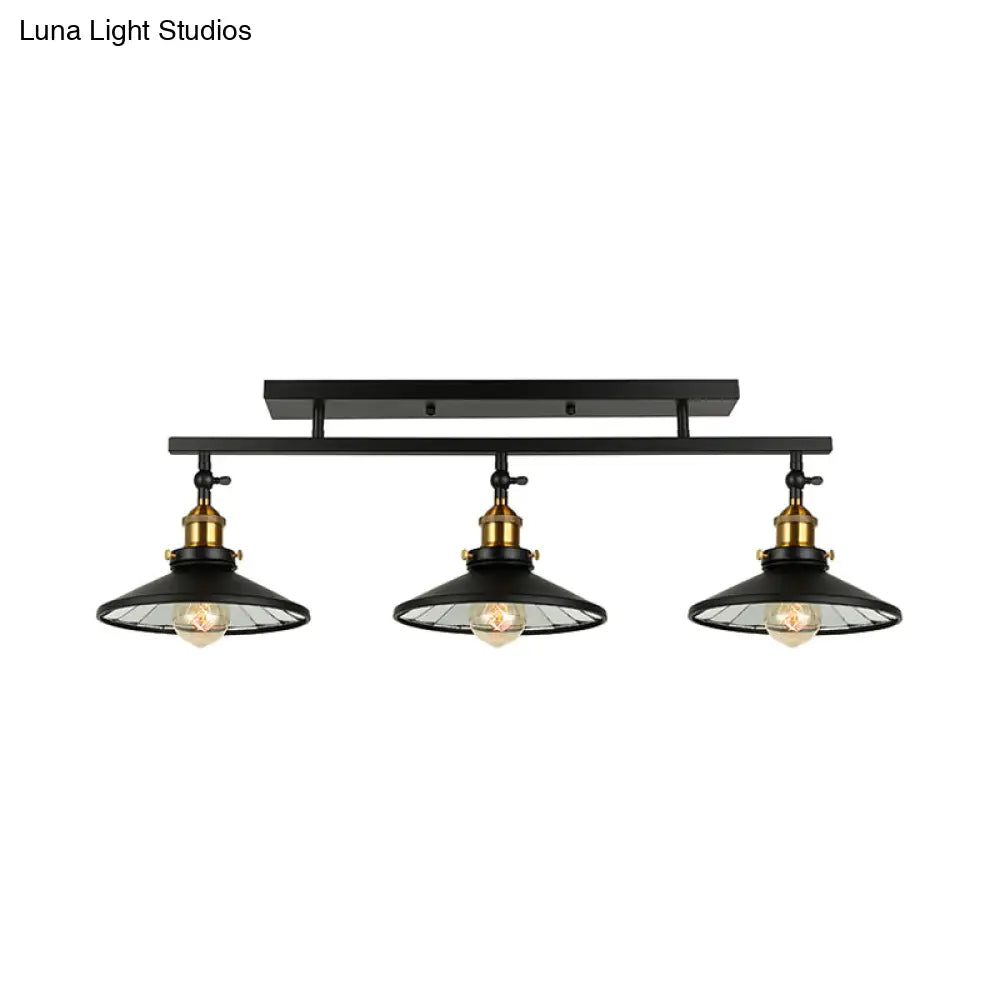 Black Metal Vintage Island Ceiling Light Fixture With Cone Shades - 3 Heads Stylish For Living Room