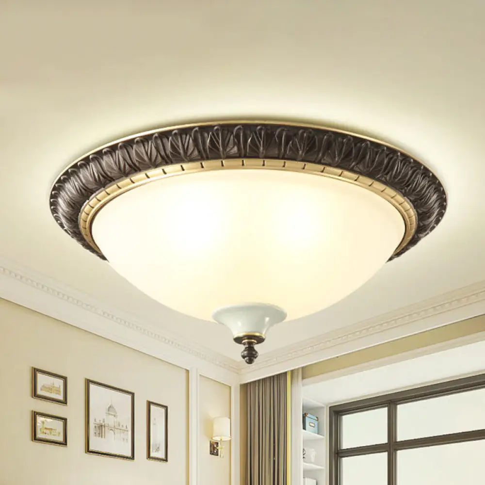Black Milk Glass Ceiling Lamp With Leaf/Flower Trim - Traditional 3-Head Flush Mount / Leaf