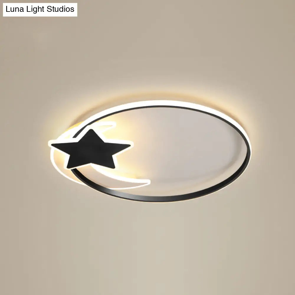Black Ring Led Ceiling Flush Light With Moon And Star Decor - Simplicity Metal Mount Lamp