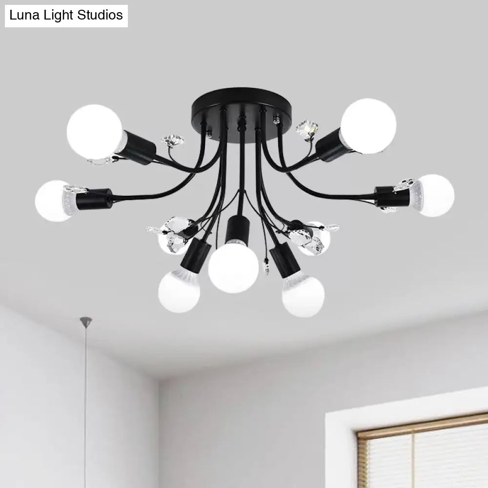 Black/White/Gold Metal Curved Arms Semi Flush Mount Light - Nordic Style 6/9 Lights Bedroom Ceiling