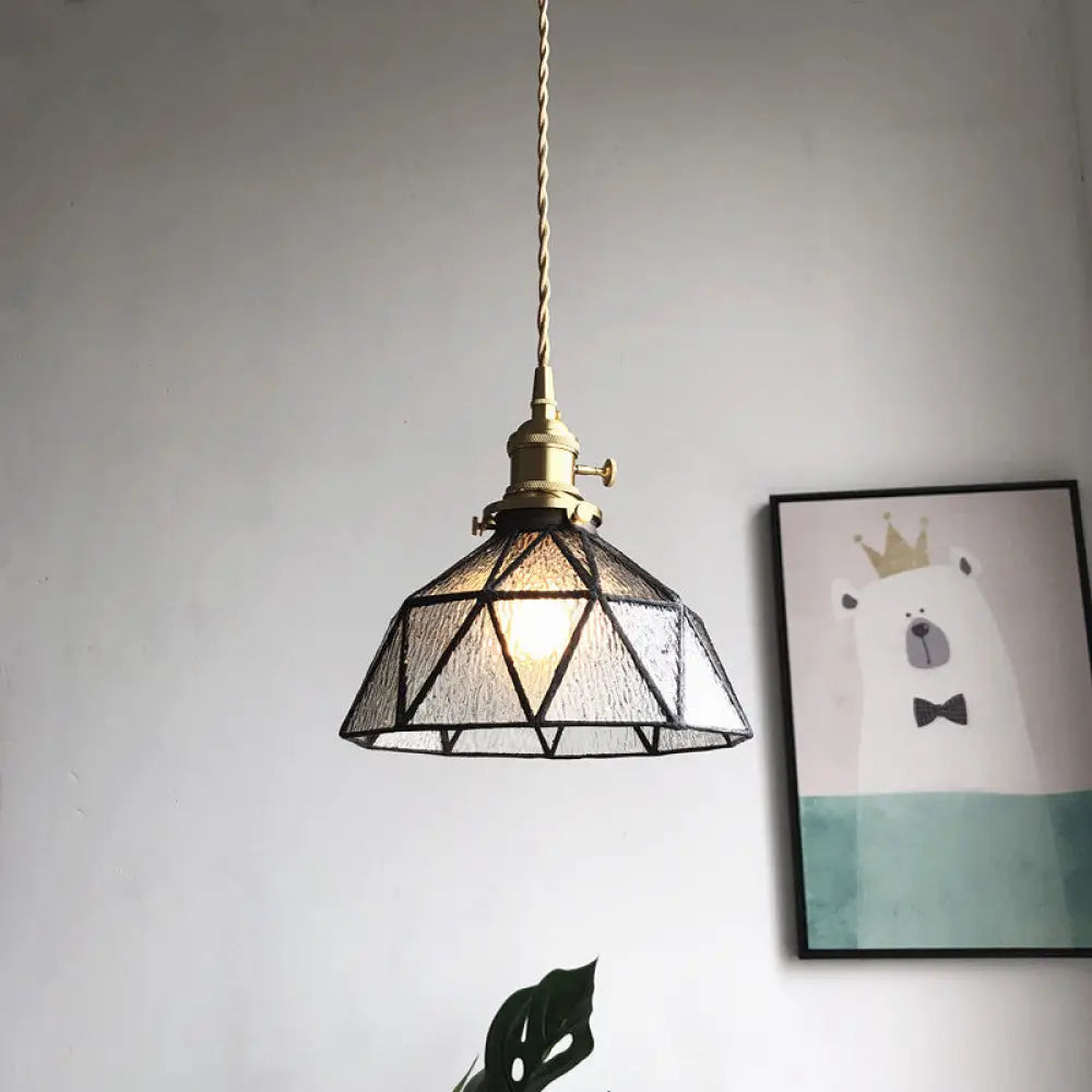 Blue/Clear Textured Glass Pendant With Brass Accents - Country Style Hanging Ceiling Light Clear