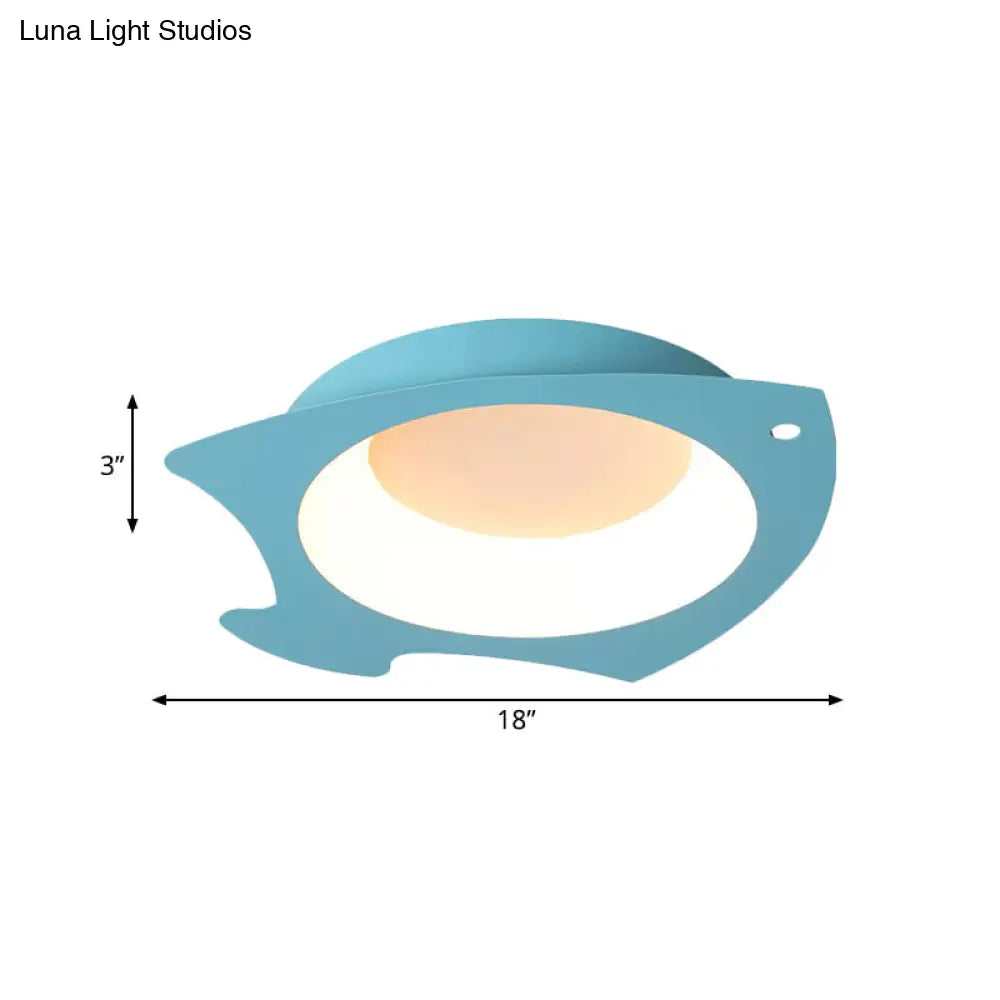 Blue Fish Flush Mount Led Ceiling Light For Kids Bedroom - Cartoon Style With Warm/White