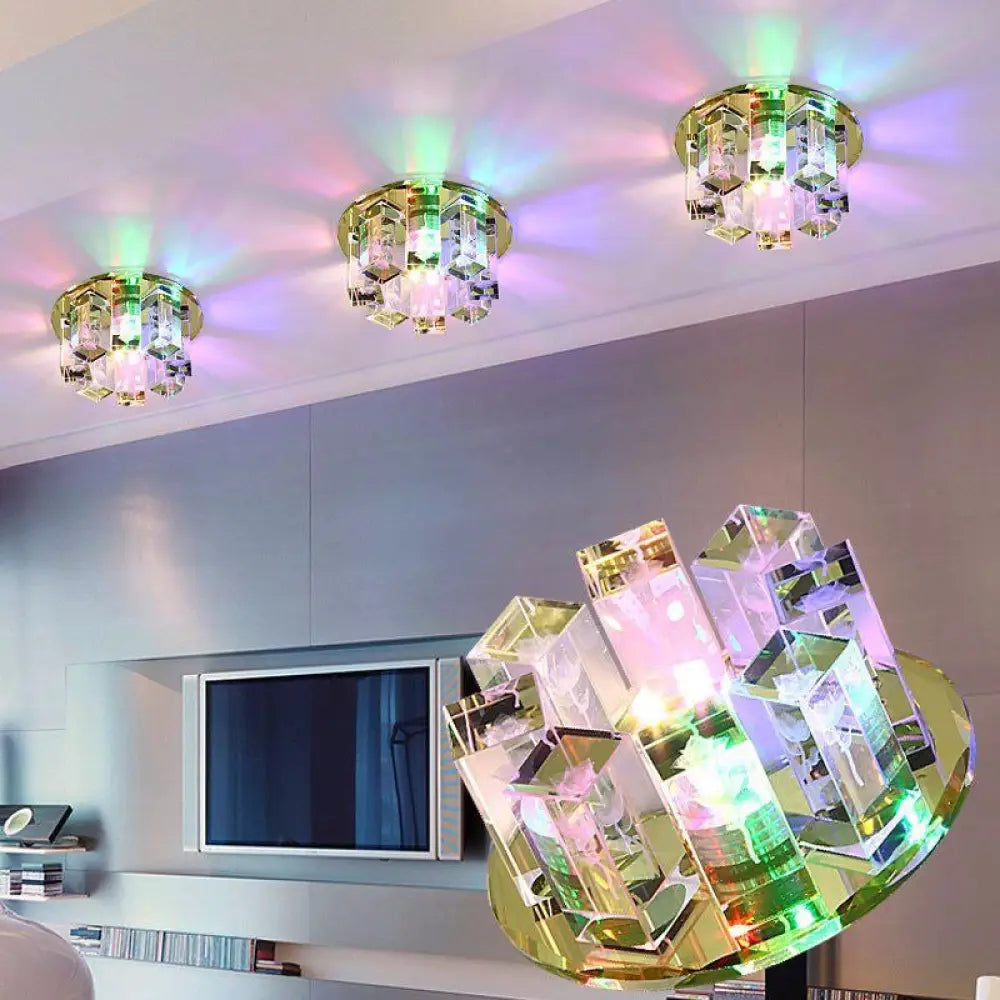 Blue/Gold/Tan Crystal Led Flush Mount Light With Round Design - Warm/White Lighting Gold / White