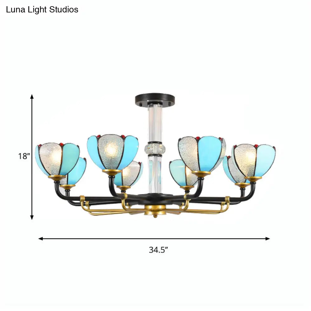 Blue Stained Glass Floral Chandelier - Traditional Pendant Lighting For Living Room 6/8 Lights