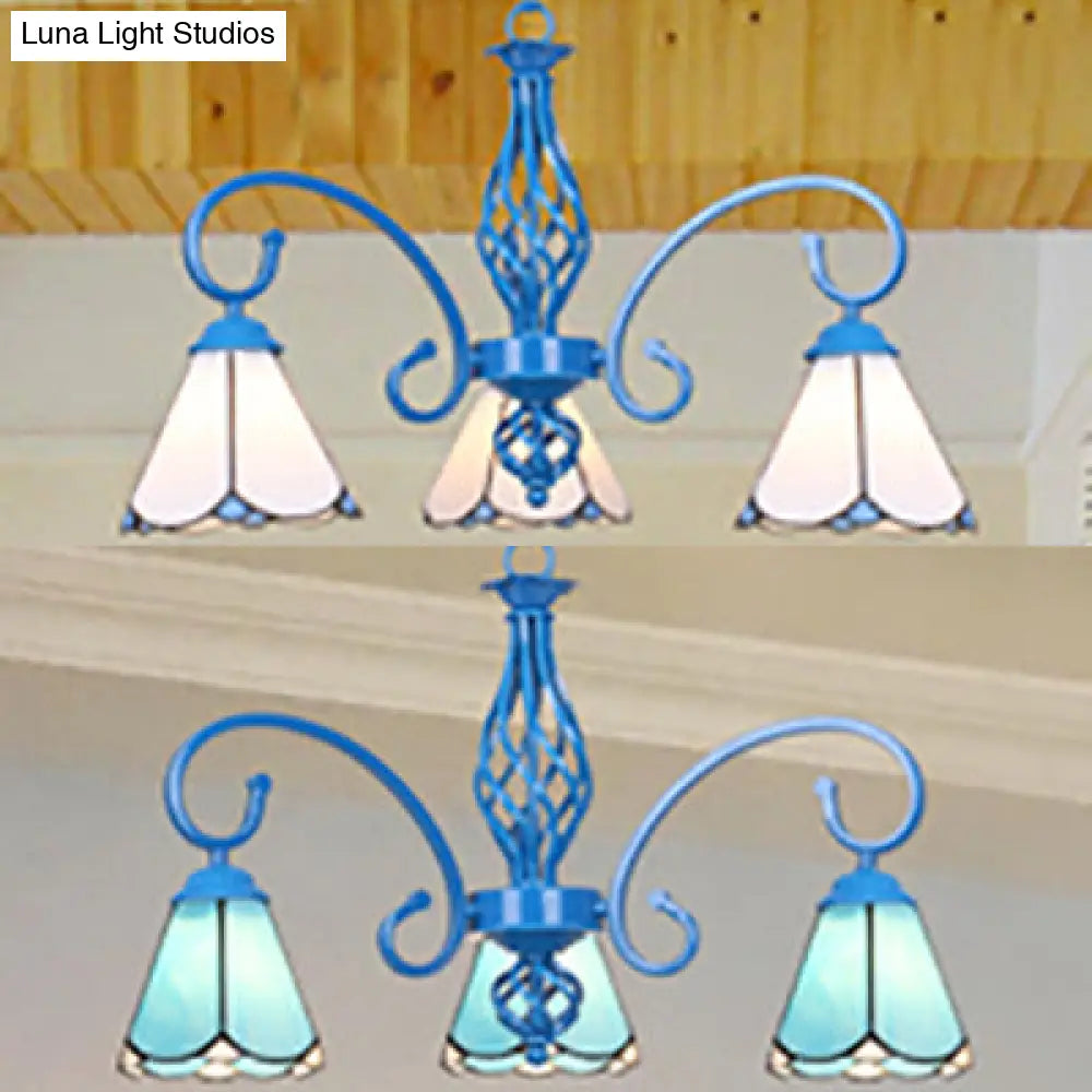 Blue Tiffany Chandelier - Curved Arms With Stained Glass Cone Shades 3 Lights Perfect For Foyer In