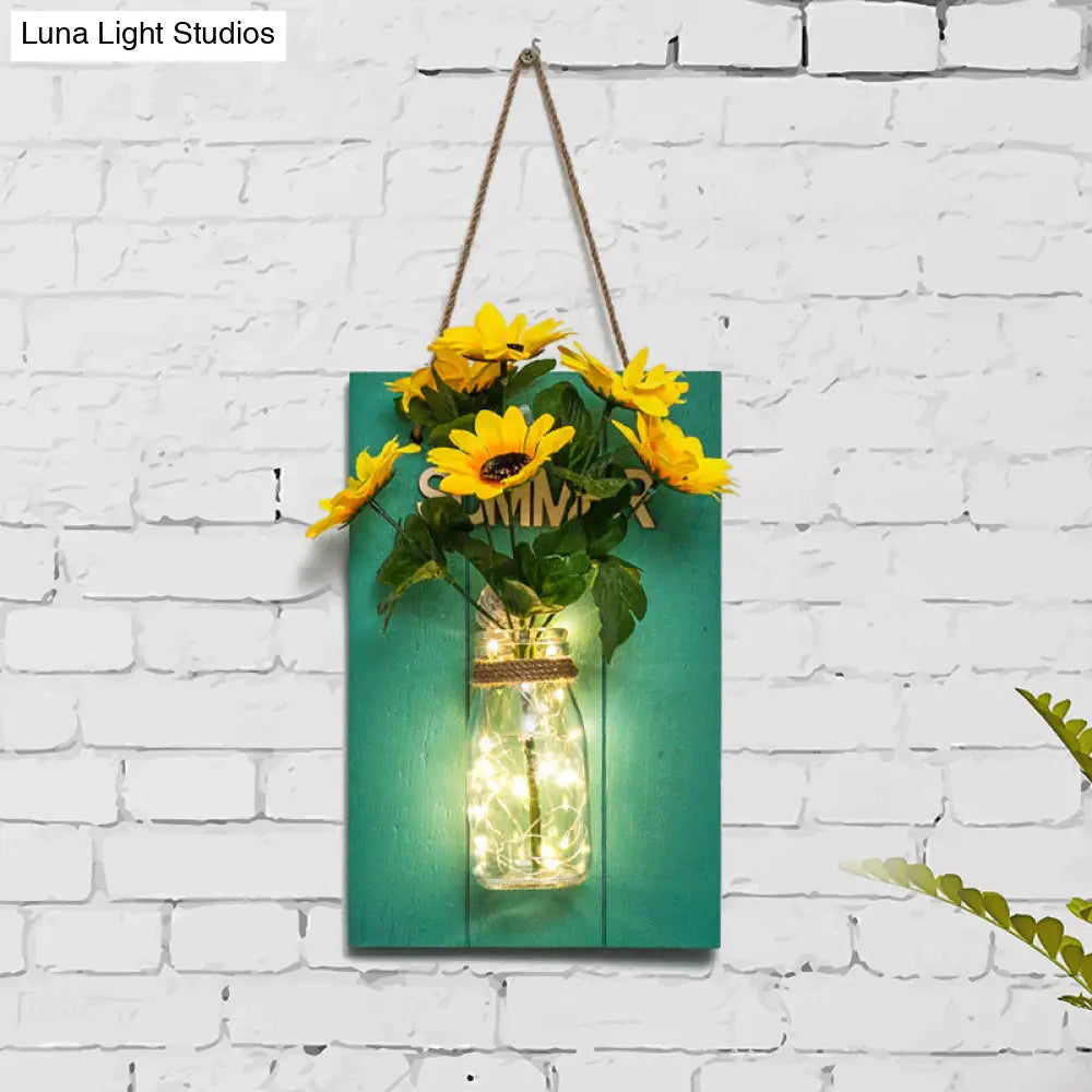 Blue Wood Backplate Modern Glass Jar Wall Light With Floral String - Ideal For Cafe Restaurant