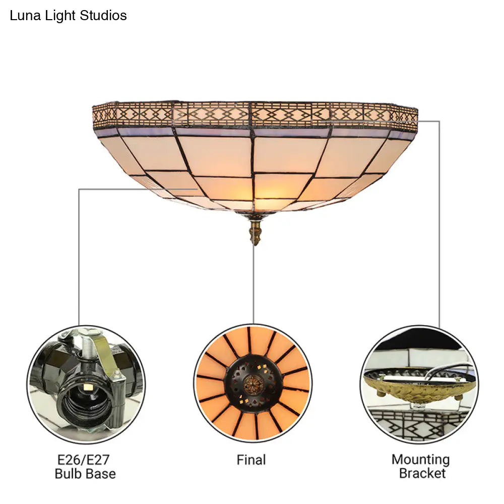 Bowl Flush Ceiling Light 8’/8.5’/10’ Stained Glass 3 Lights In Beige - Traditional Lighting