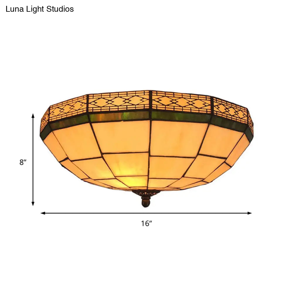 Bowl Flush Ceiling Light 8’/8.5’/10’ Stained Glass 3 Lights In Beige - Traditional Lighting