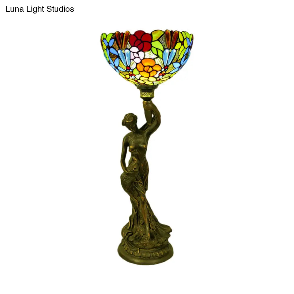 Bowl Table Night Lamp In Brass With Stained Glass Baroque Petal/Dragonfly Pattern & Resin Naked