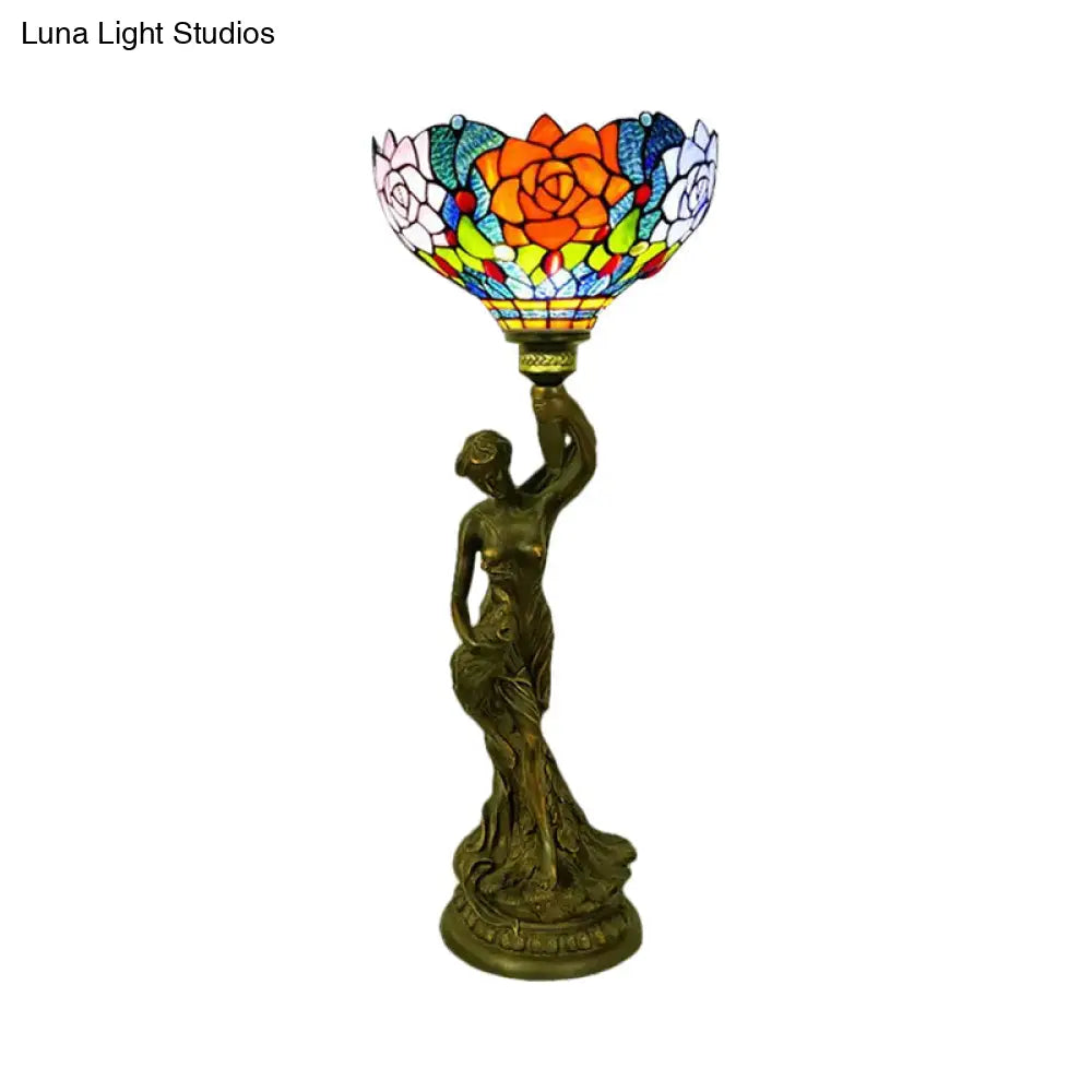 Bowl Table Night Lamp In Brass With Stained Glass Baroque Petal/Dragonfly Pattern & Resin Naked