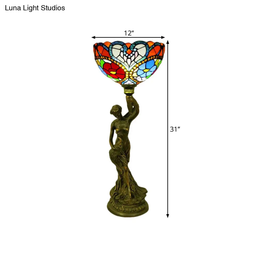 Bowl Table Night Lamp In Brass With Stained Glass Baroque Petal/Dragonfly Pattern & Resin Naked