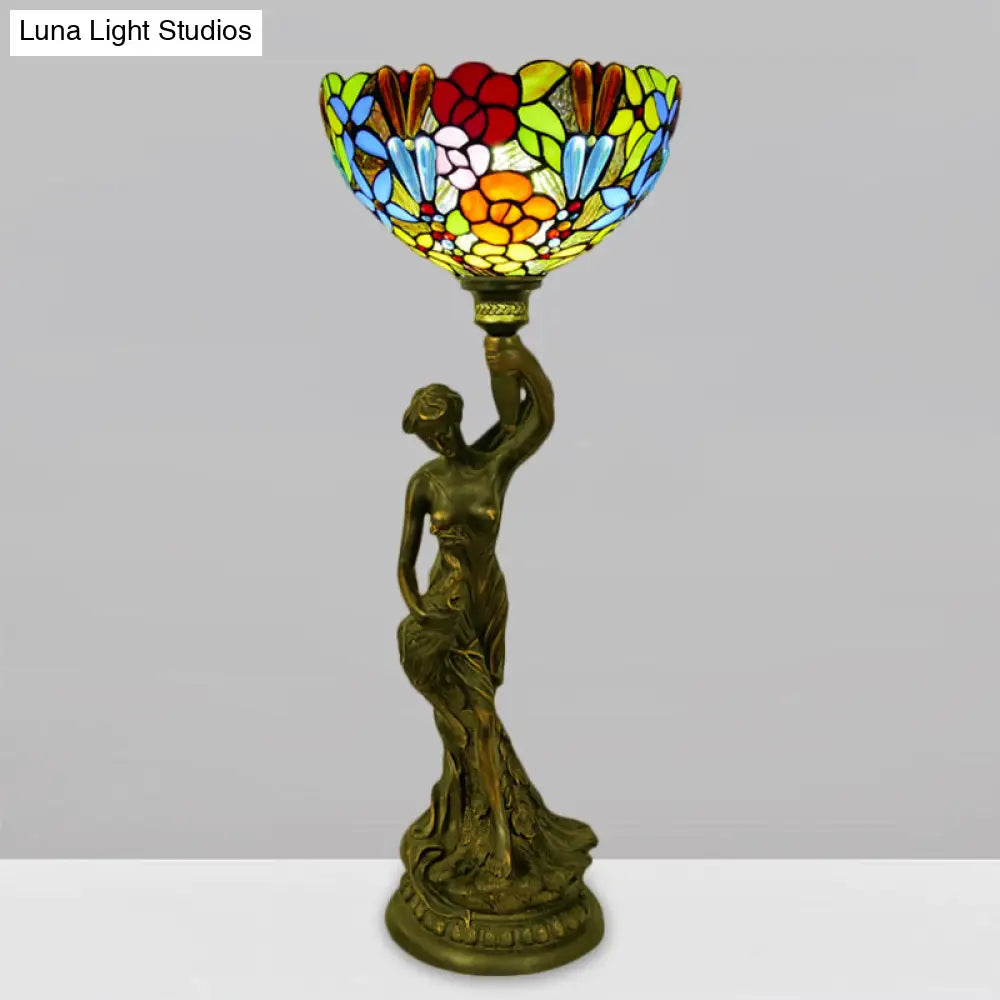Bowl Table Night Lamp In Brass With Stained Glass Baroque Petal/Dragonfly Pattern & Resin Naked