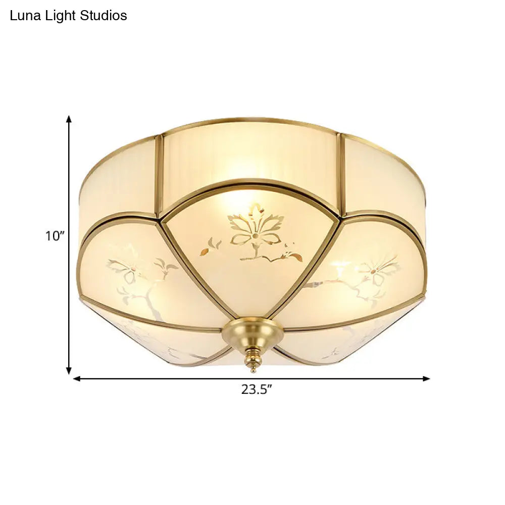 Brass Flush Mount Lamp With Colonial Sandblasted Glass - 3/4/6 Head Options