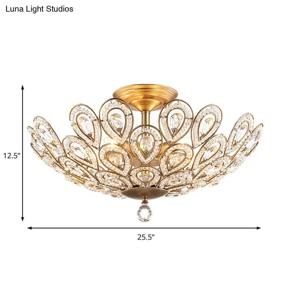 Brass Peacock Tail Flush Ceiling Light - Lodge Style Metal Lamp With Crystal Beads 3/5 Lights For