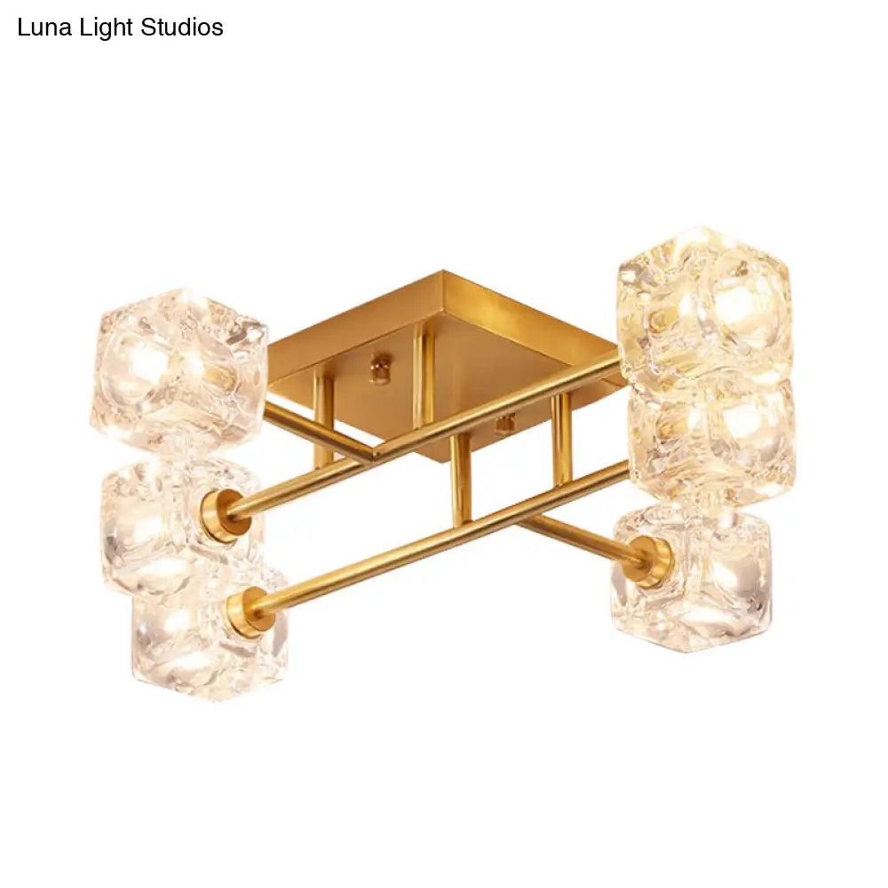 Brass Semi Flush Crystal Bedroom Ceiling Light - Contemporary Square Design 4/6 Fixture