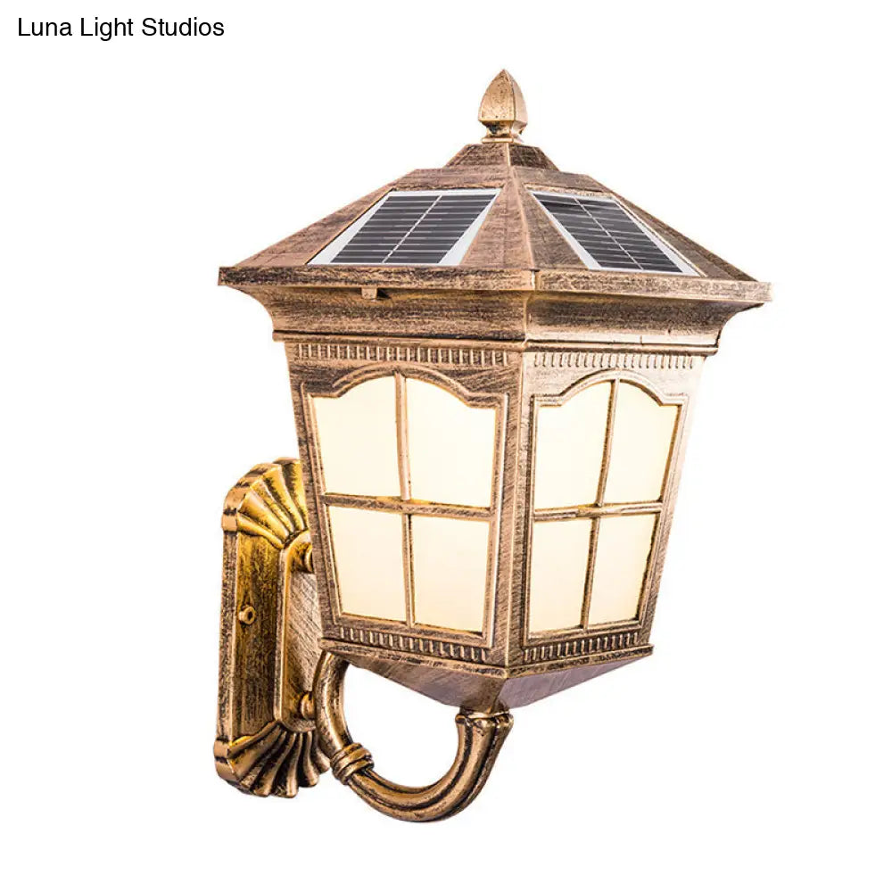 Brass Solar Led Wall Sconce With Antiqued Style Frosted Glass Small/Large House Lantern Light