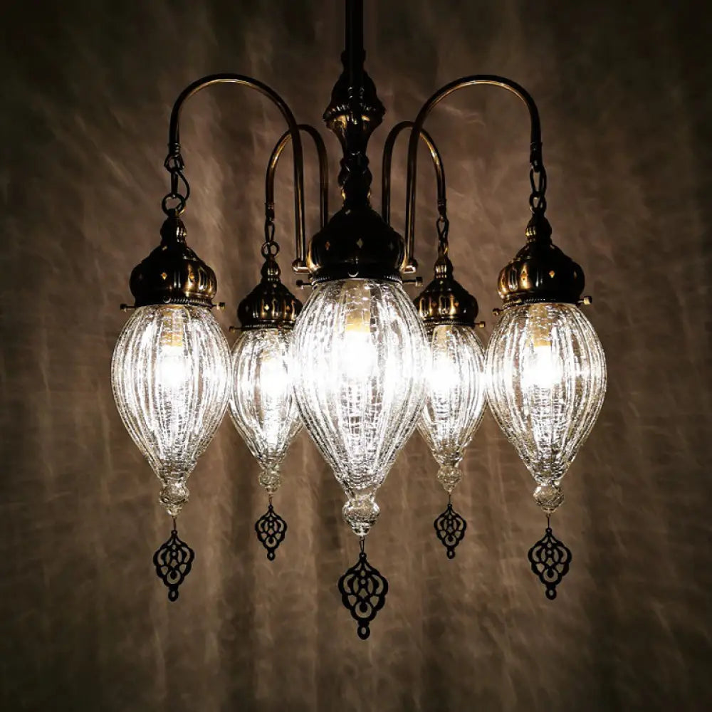 Bronze 5-Head Chandelier: Traditional Ribbed Glass Teardrop Ceiling Light With White Finish